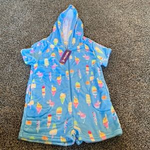 Iscream Fleece Short Zip Up Onesie outfit pajamas w/hood and pockets sz 6-8 kids